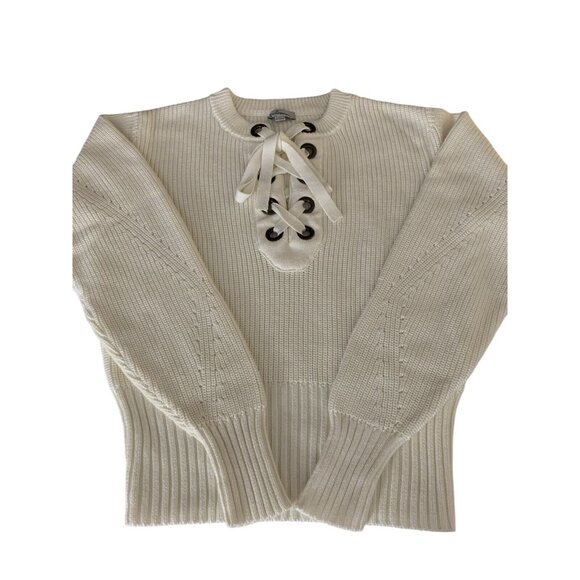 Olivia Warren Lace-Up Cream Knit Sweater With Oversized Eyelets & Ties Large - Picture 11 of 11